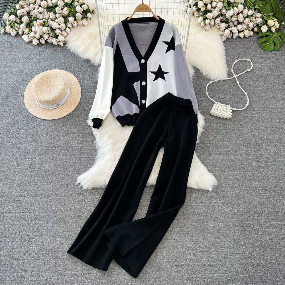 Fashion Suit for Women, Like Long-sleeved V-neck Single-breasted Knitted Jacquard Jacket, Two-piece Set of High-waisted and Thin Wide-leg Pants.