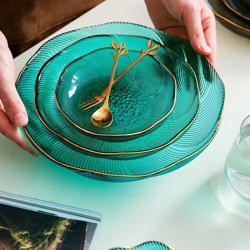 ZISIZ Flower Language Glass Bowl & Dish Set, Peacock Blue Gold Rim