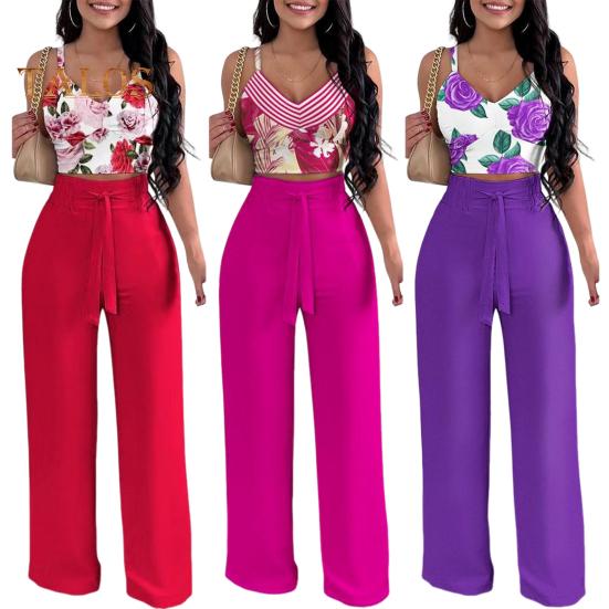 Καλοκαιρινά ρούχα δύο τεμαχίων για γυναίκες, αμάνικο παντελόνι με φαρδιά μπατζάκια και V λαιμόκοψη, καλοκαιρινό, casual, ασορτί κοστούμι με φλοράλ print