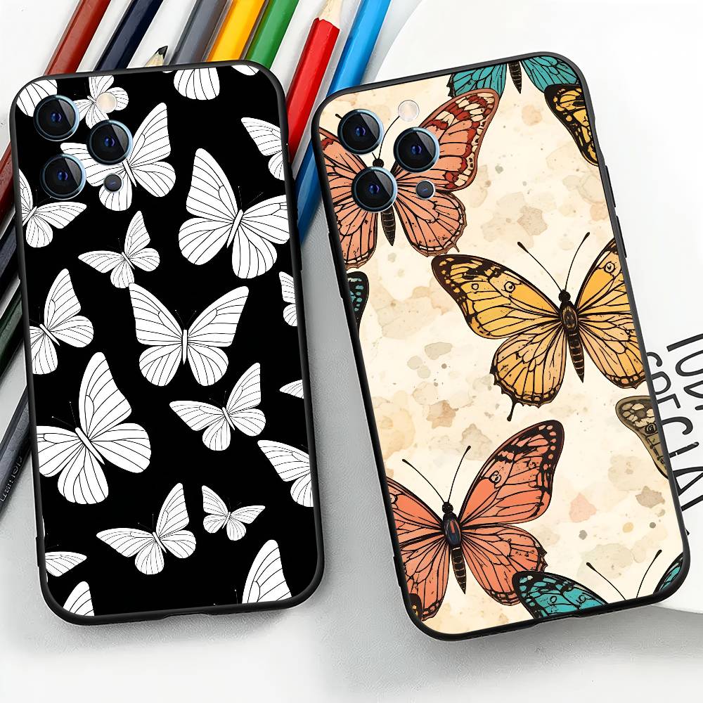 Art Butterfly For IPhone 15 16 14 Plus 13 12 11 17 Pro Max 17 Air Black Soft Phone Cover