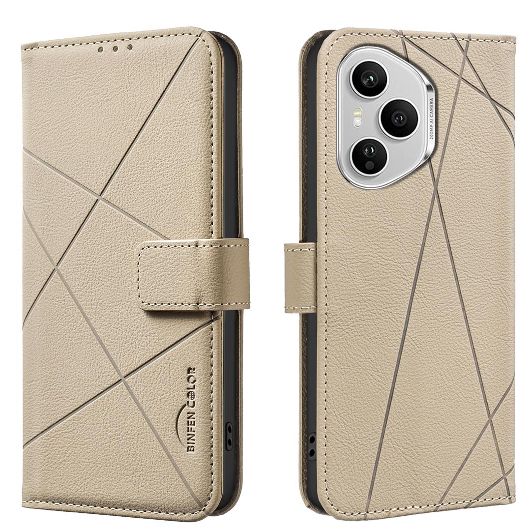 

For Honor 400 Pro 5G (Global) Case BINFEN COLOR BF35 Geometry Imprinted Leather Phone Cover RFID Blocking Wallet Stand Beige