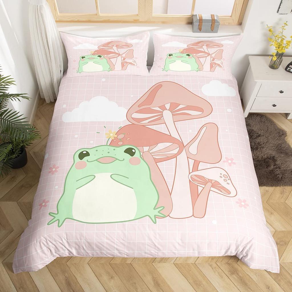 Frog Duvet Cover Set Cute Kawaii Cartoon Frog Pattern King Queen Size Polyester Comforter Cover With Pillowcase For Kids Girls