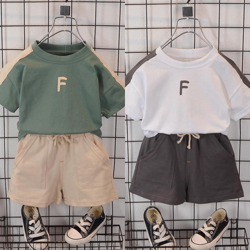 Boys' 2-Piece Cotton Set - F letter pattern T-shirt + Shorts High Quality Clothing- 6M-5Y