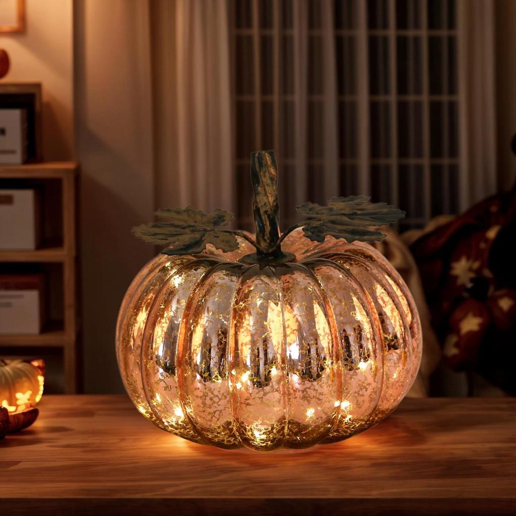 Autumn Thanksgiving Glass Pumpkin Halloween Lights with 6-Hour Timer LED Pumpkin Lights for Home Table Decoration Centerpiece