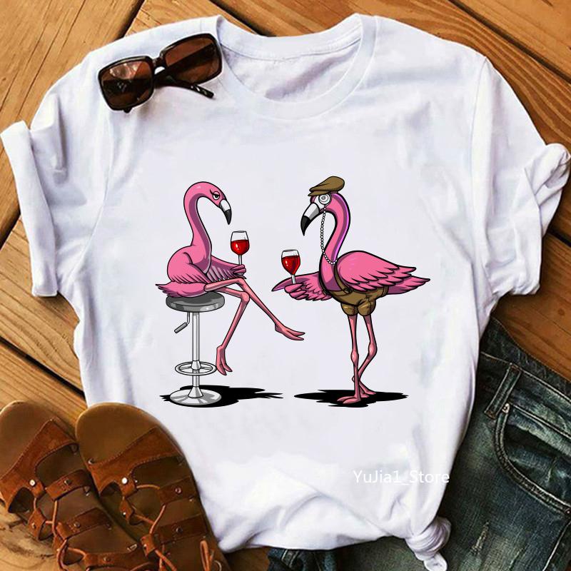2024 Hot Sale Flamingo Cheers Print Tshirt Unisex Harajuku Kawaii Clothes Funny Tee Shirt Femme Summer T Shirt Female