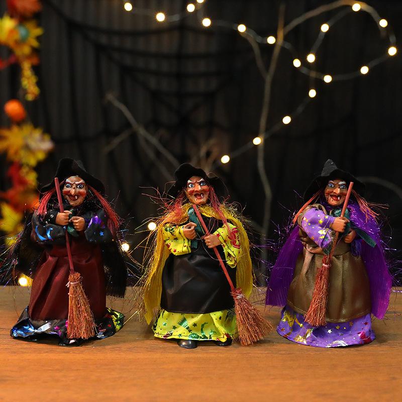1Pc  Halloween Broomstick  Figurine Hanging Doll DIY Decor Pendant Party Haunted House Props Ornament Garden Bar Decor