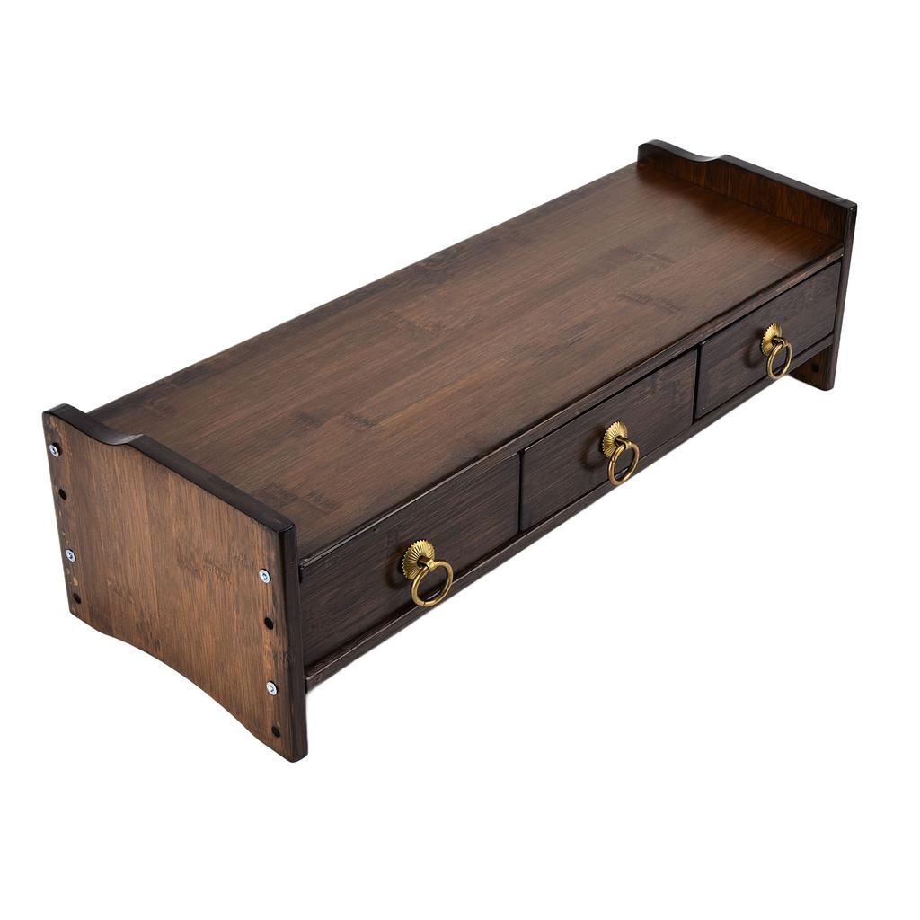 Monitor Stand Bamboo Heightened Non Absorbent Computer Riser with Backplane 3 Drawers for Home