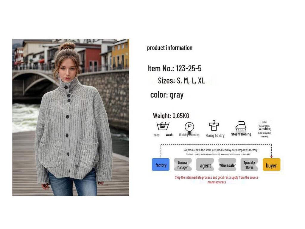 Autumn/Winter Women's Knit Cardigan with Stand-Up & Turn-Down Collar