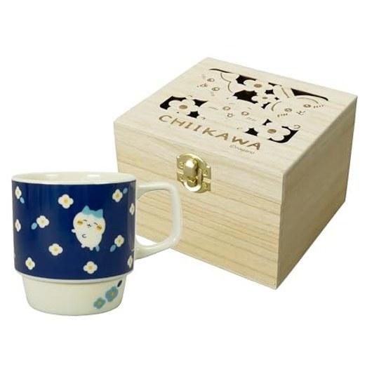 Chikawa Official License Hachiwari Mug Wooden Gift Box Large Size 340ml Diameter Approximately 99cm Flower Garden Womens Birthday Tableware Goods Blue