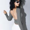 Streetwear Oneck Slim Outfits Women Long Sleeve Backless Tshirts Cropped Tops Solid Color