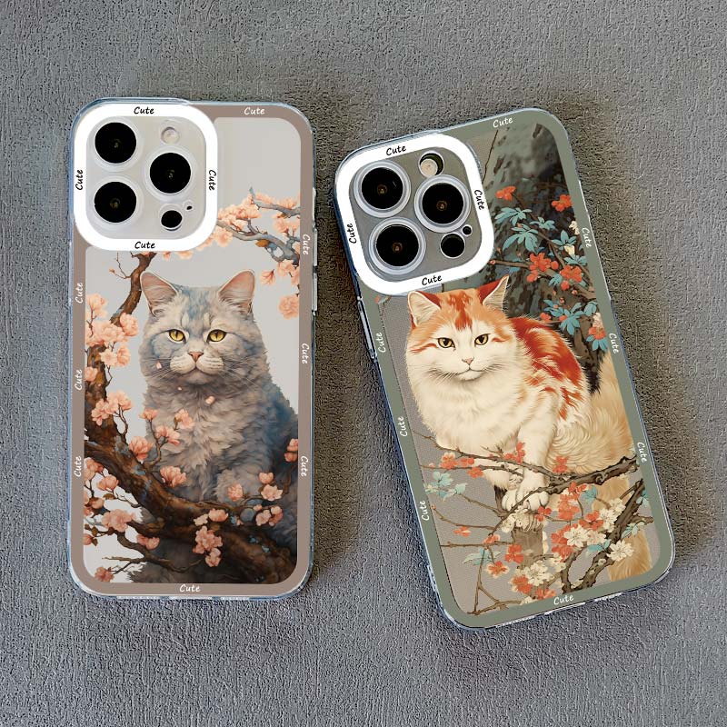 Painted Plum Blossom Flower Cat Clear Phone Case For iPhone 11 12 13 Pro Max 14 15 Pro Max Plus XS XR X Transparent Back Cover