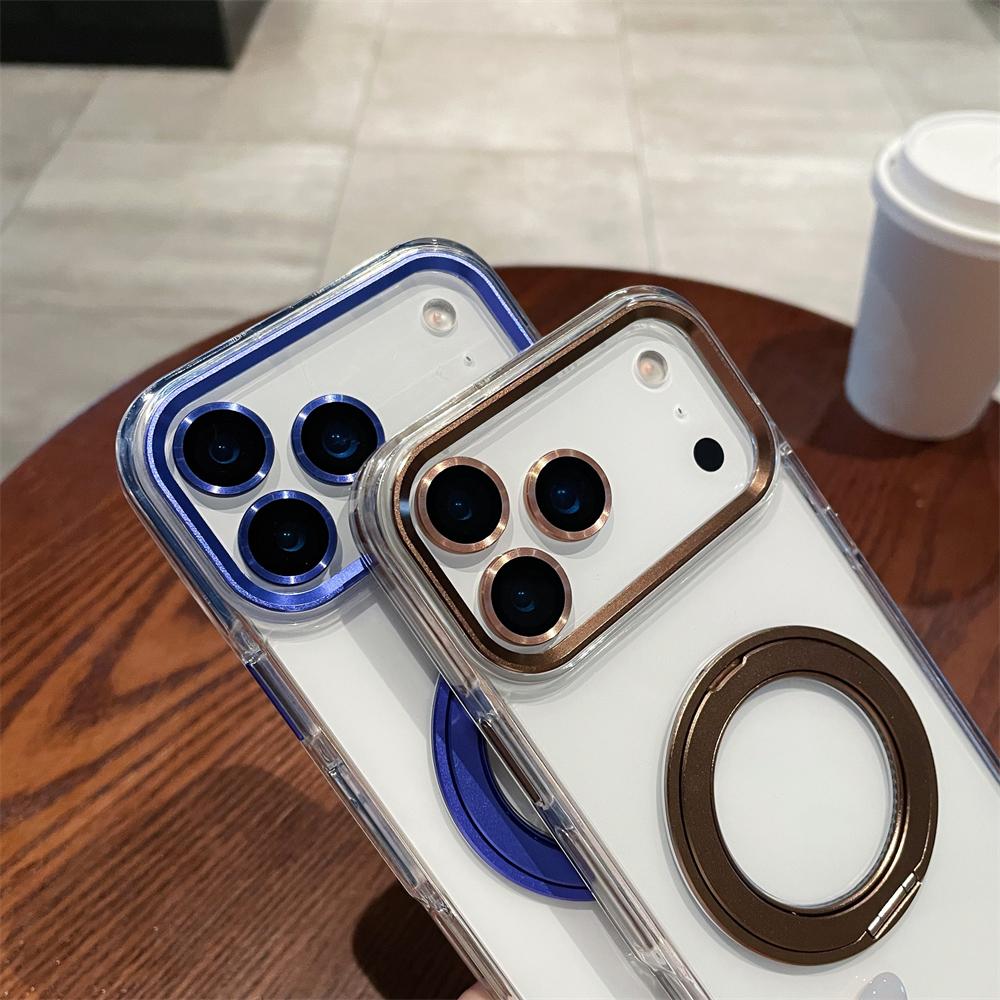 For iPhone 17 Air 16 Pro Max Transparent For Magsafe Magnetic Rotating Holder Stand Case For iPhone 12 13 14 15 Plus Frame Cover