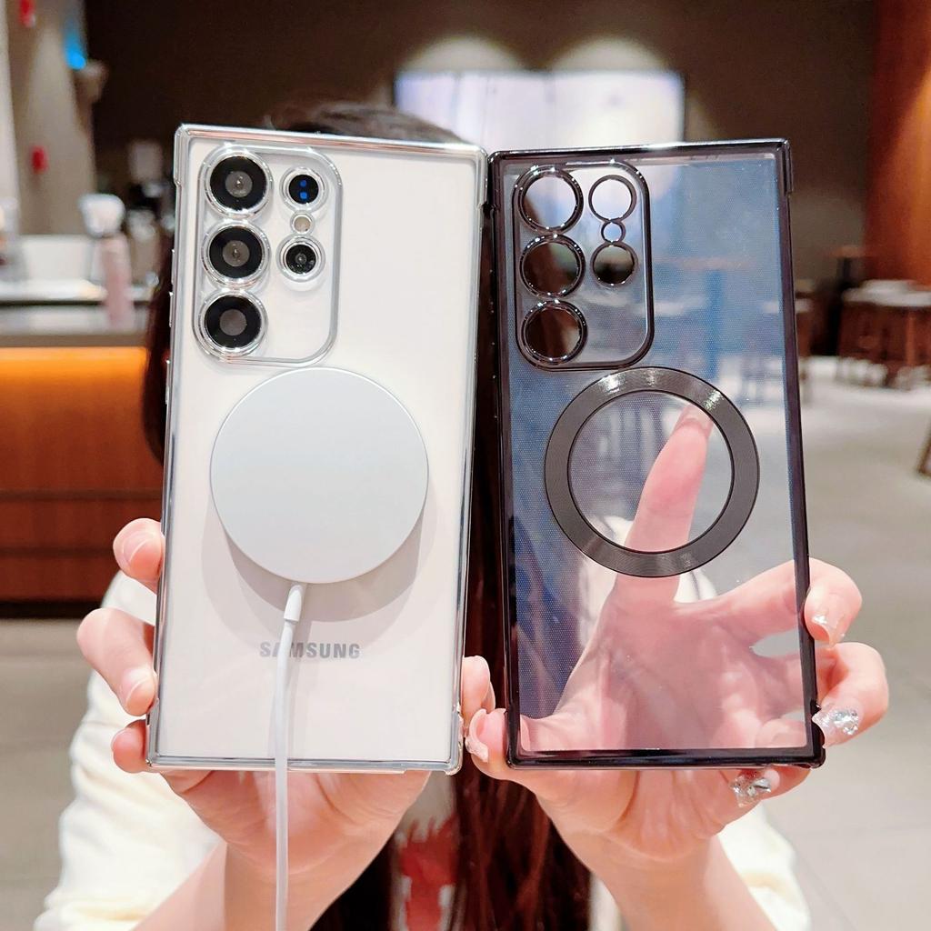 Electroplated transparent magnetic mobile phone case Samsung S23U mobile phone case S24U/S23FE fashion female S21