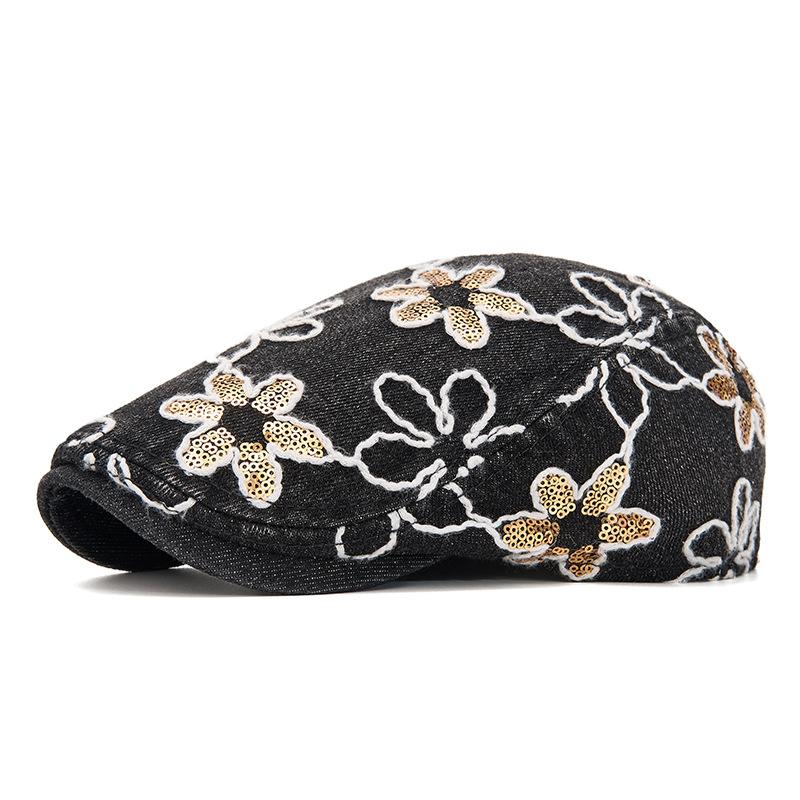 Spring Summer Newsboy Hat Women Sequins Embroidered Flower Beret Denim Retro Progressive Hat