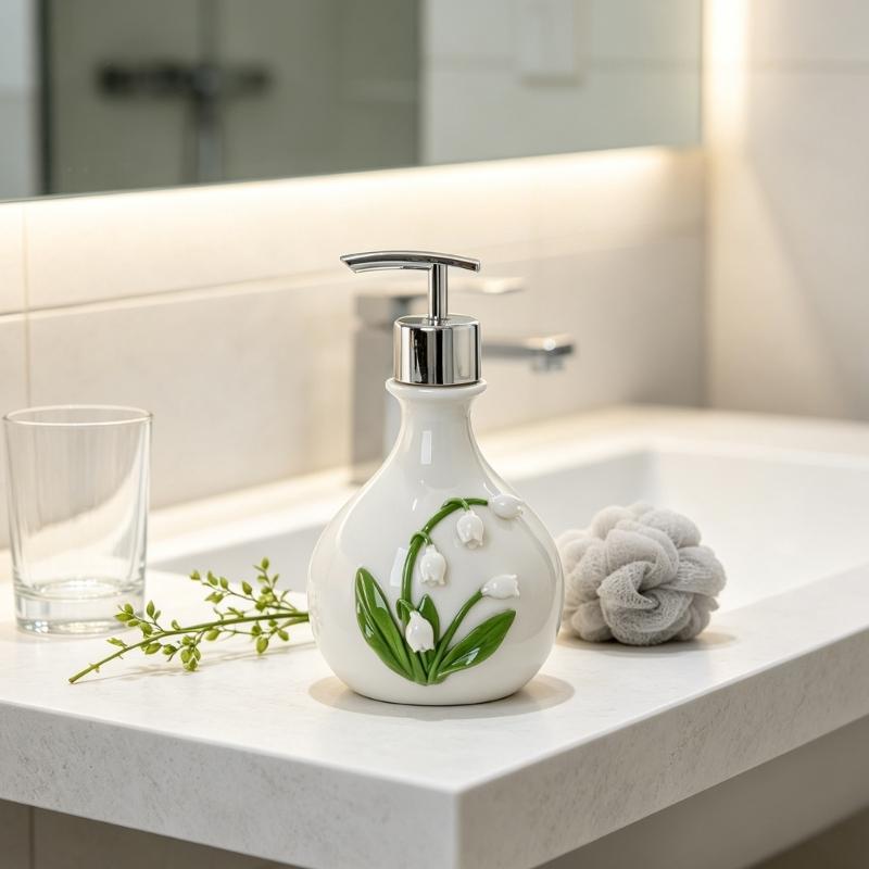 Sink Side Soap Pump Bottle with White Body and Flower Pattern for Bathroom Sink Use, Guest Bath Placement, and Hand Wash Bottle Access