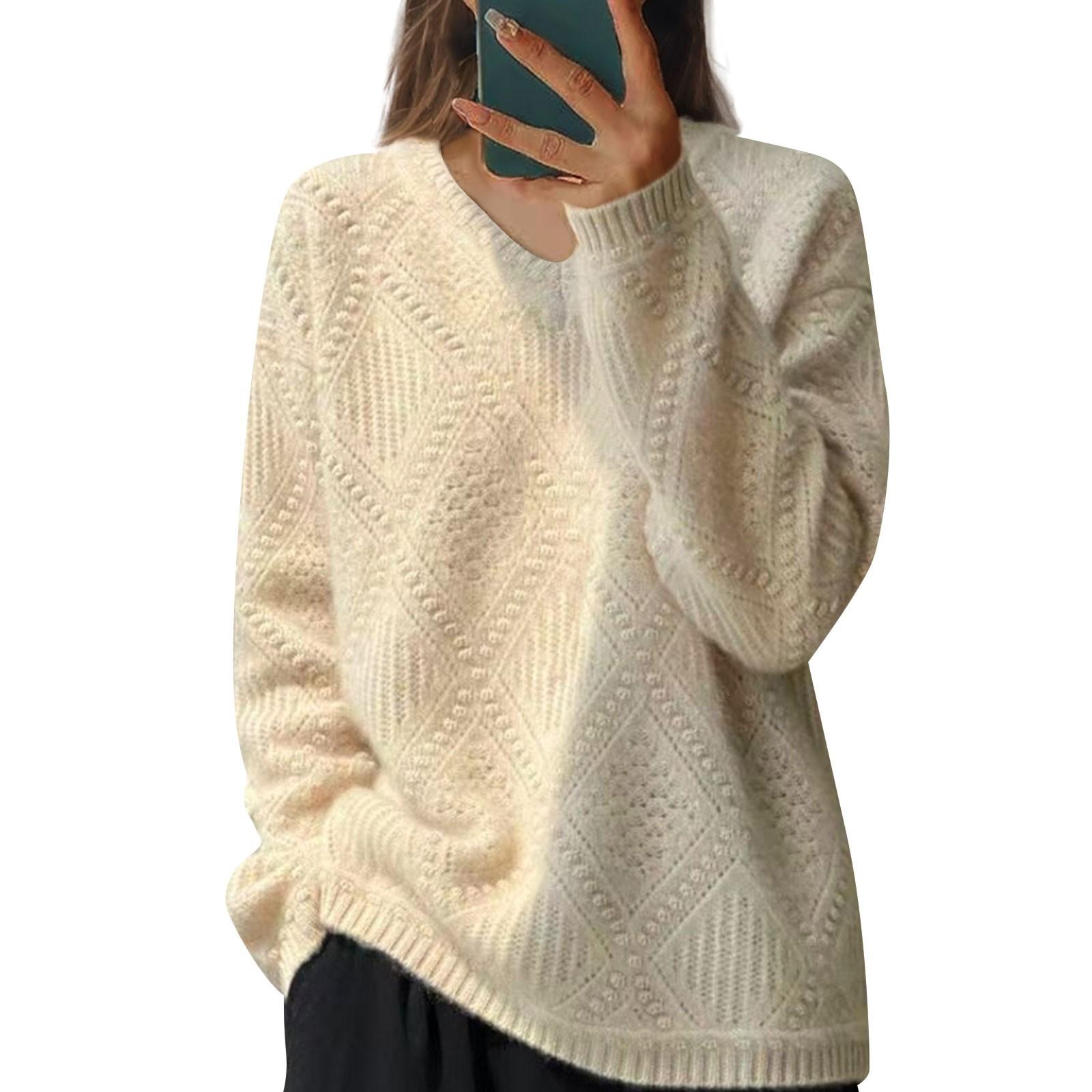 

Женский модный однотонный трикотажный свитер с V-образным вырезом, повседневный свитер L бежевый