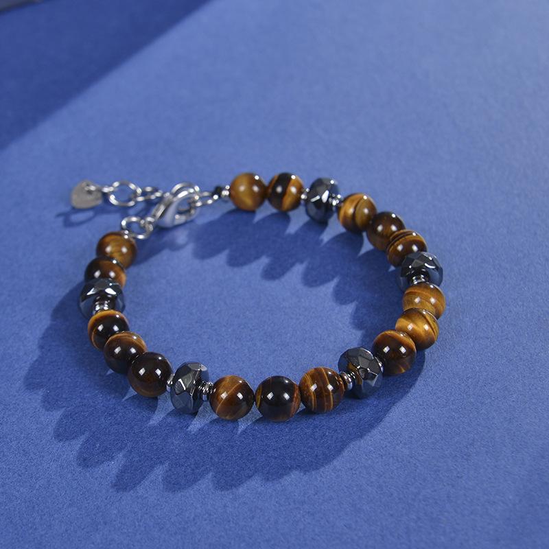 

Handmade 8MM Tiger Eye & Black Magnetite Stone Bracelet with Stainless Steel Chain