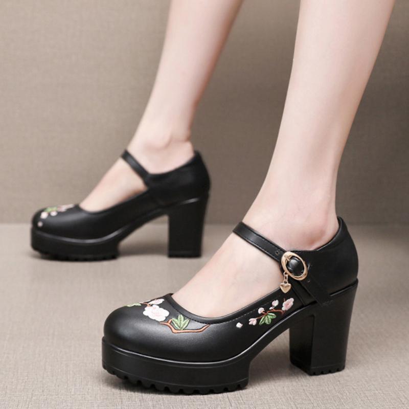6cm 8cm 10cm Small Size 32-43 Shallow Floral Soft Leather Shoes Platform Pumps  Spring Block High Heels Shoes for Office Mom