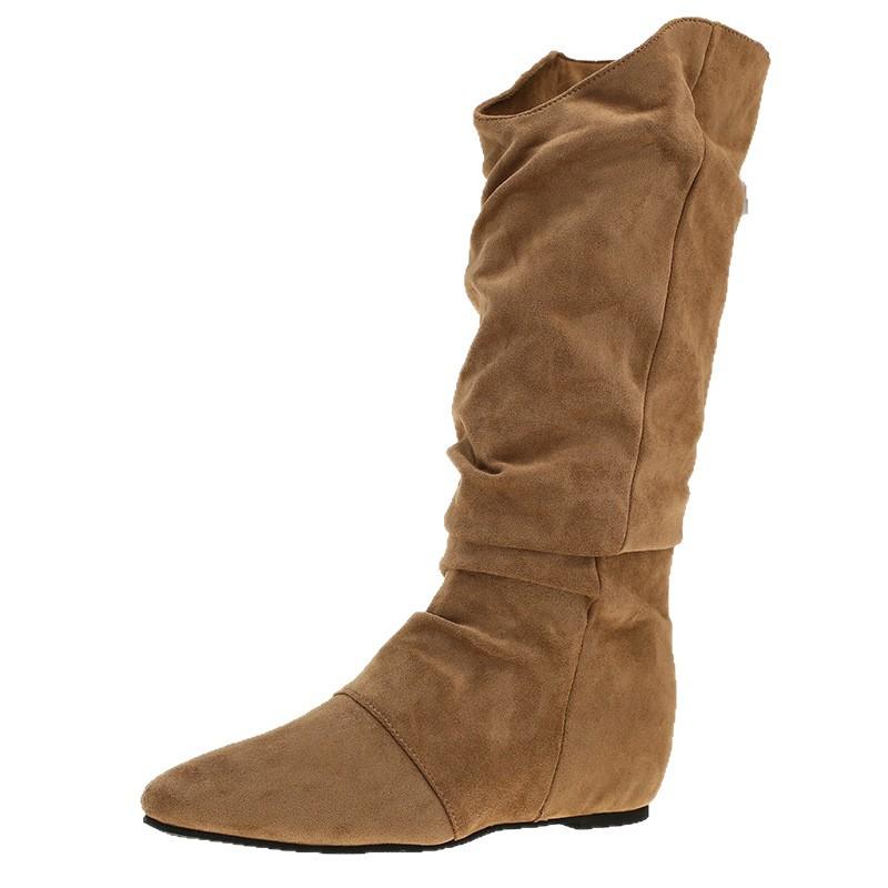 Inner heightening suede pleated stacking boots women's 2025 autumn and winter new pointed western cowboy boots lapel mid boots women