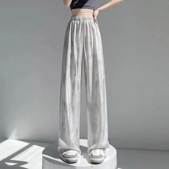 Women Pants Elastic High Waist Adjustable Drawstring Wide Leg Trousers Tie Dye Print Summer