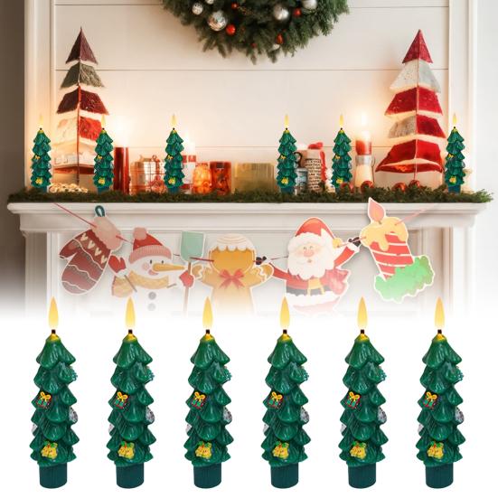 6 Pcs LED Flameless Tree Taper Candles with Remote 5.12" Real Wax Flickering Candles with 3D Flame Wick Battery Operated Candlesticks