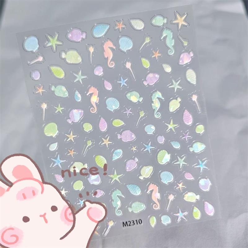 1 Sheet Ocean Shell Jellyfish Nail Stickers Colorful Shell Conch Seastar Adhesive Nail Decal Mermaid Aurora Beach Shell Slider