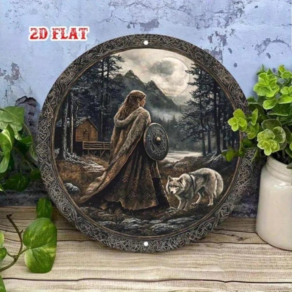 Nordic Style Aluminum Wall Art Round Viking Woman with Wolf Shield Metal Home Decor