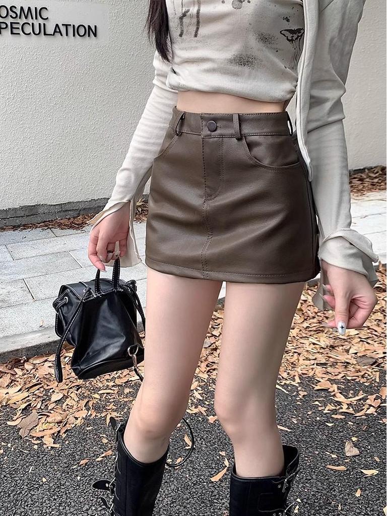 Summer 2025 Petite High Waist A-Line Brown PU Leather Skirt for Women