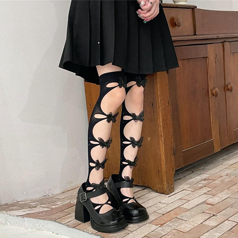 

Three Dimensional Butterfly High Tube Socks With White Lace Pattern Cute Sexy Lolita Thigh Knee Socks Spring M чорний