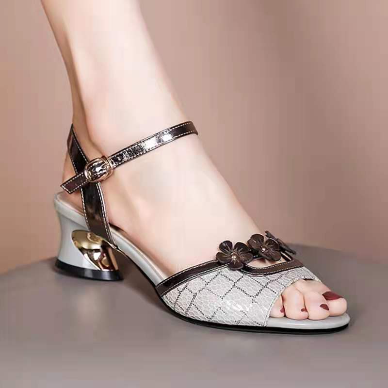 2024 Summer Open Toe New Retro Flower Color Block Fashion Thick Heel Women's Sandals with One Line Buckle Sandals