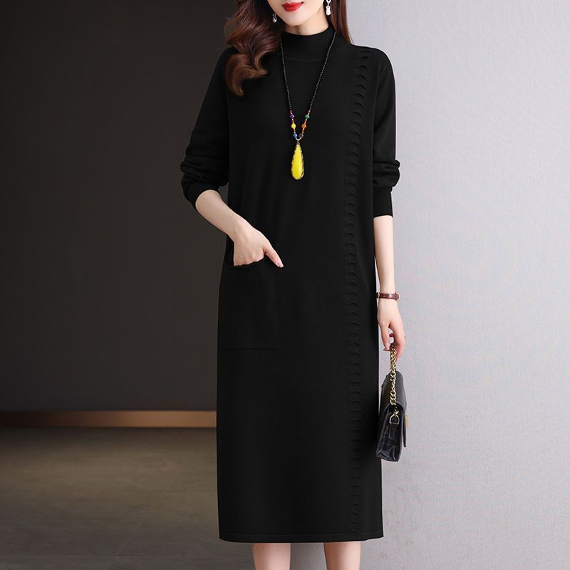 Knitted Dress Knee-length Women's Mid-length Loose Dress Plus-size Sweater Dress Solid-color Casual Half Turtleneck Pullover