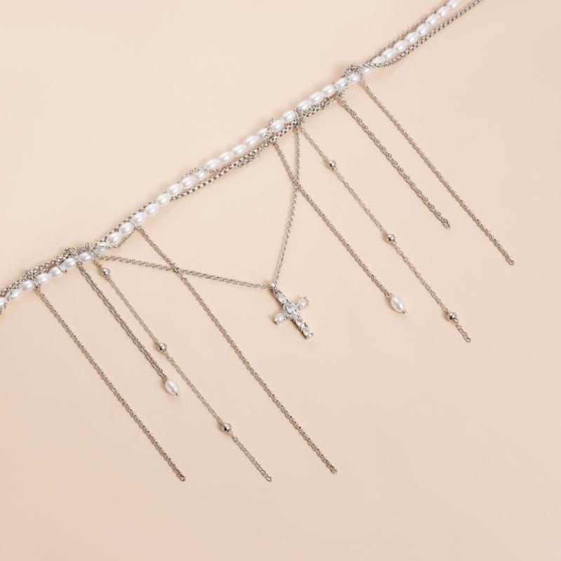 Stylish Faux Pearls Dangle Tassels Necklace Crucifix Pendant Trendy Clavicle Chain Accessory For Casual or Formal Outfits