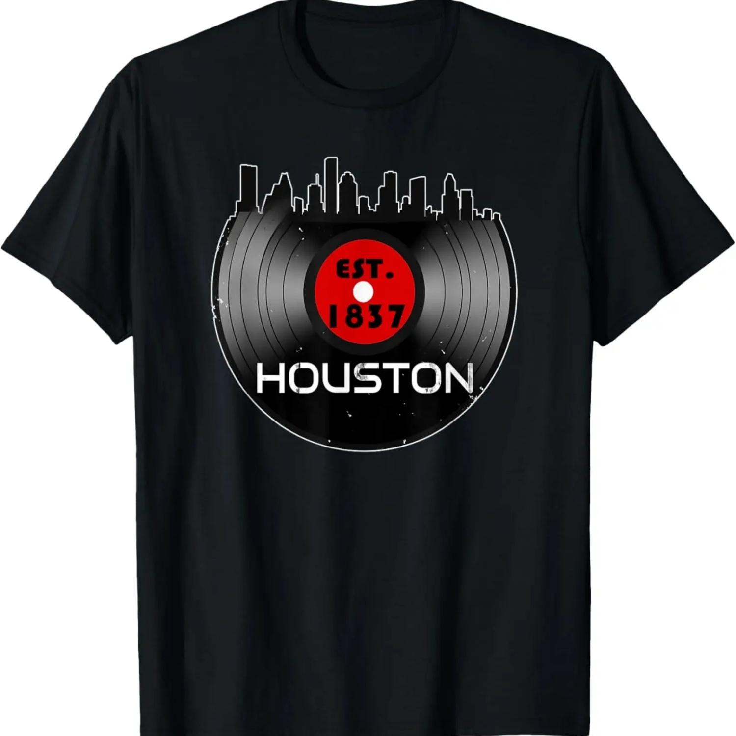 

Houston Texas Cityscape Retro Vintage Vinyl Record Tourists T-Shirt S чёрный