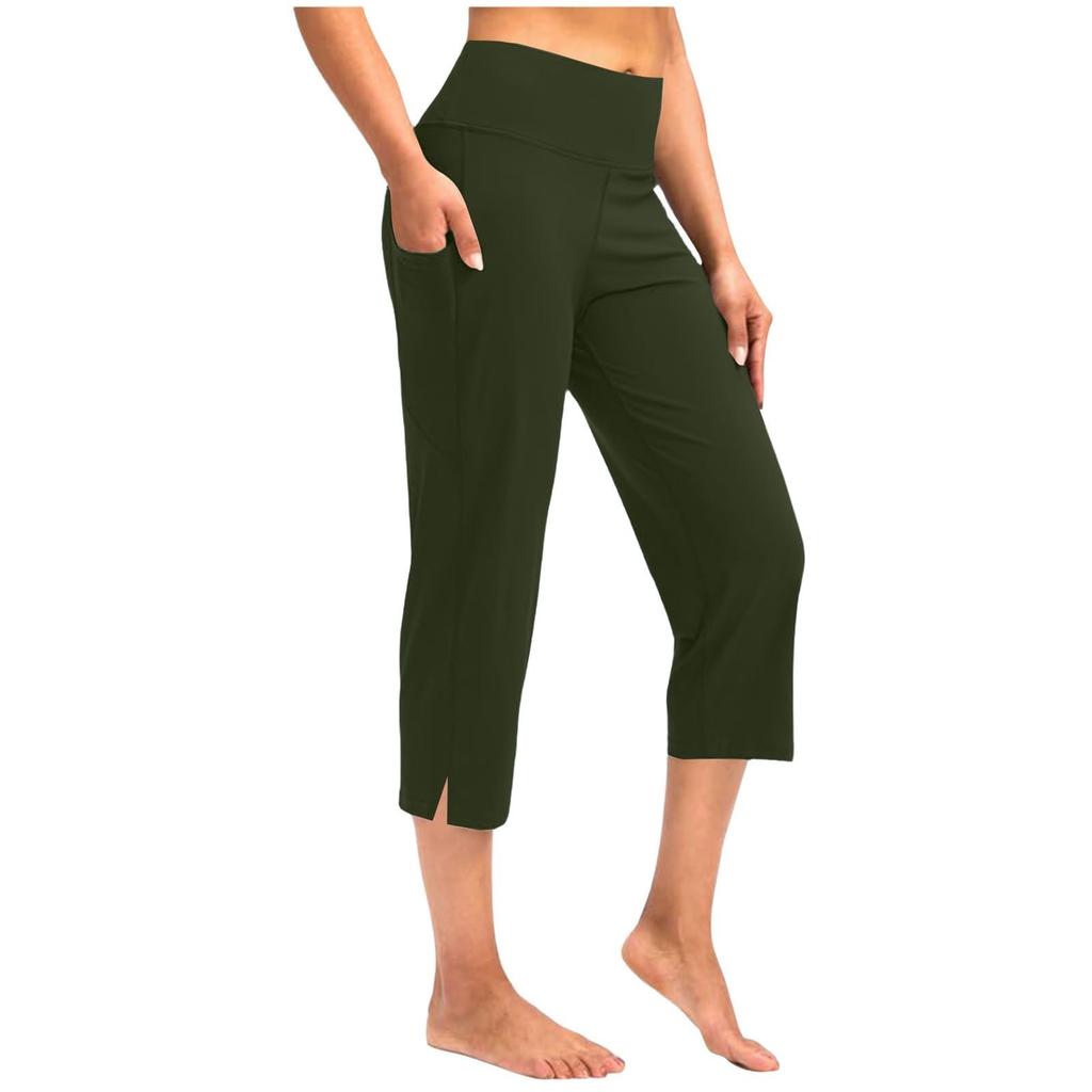 Kvinner Elastisk Høy Midje 3/4 Bukse Casual Aktiv Passform Vide Capri Leggings Bukser Bukser Med Lommer