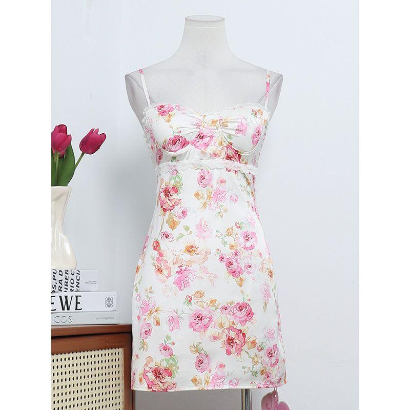 Niche Design Sexy Sexy Pure Desire Style Lace Patchwork Satin Print Suspender Skirt Silm Sheath Dress