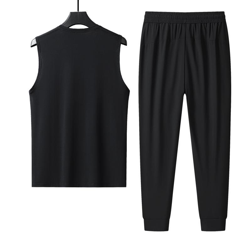 Large Size Ice Silk Vest Suit Men's Light And Breathable Sports Suit Men's Casual Ice-sense T-shirt Ice Silk Pants Men's Two-piece Set