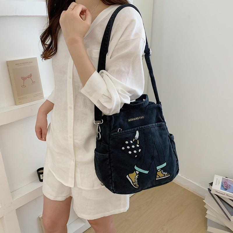Bolso de Mezclilla Bordado Estampado Bolso Grande de Hombro Cruzado
