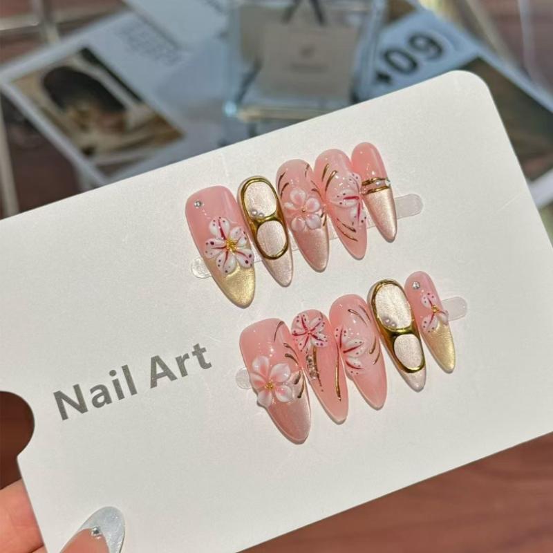 

10Pcs Pink Sakura Press On Nails - 3D Flower & Gold Accent Fake Nails XS