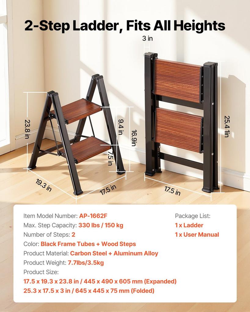 2 Step Ladder, Folding Step Stool with Wide Anti-Slip Pedal and Comfort Handgrip, Lightweight 150 kg Capacity Portable Aluminum Plant Support,