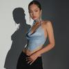 Halter Top Glitter Tanks 2025 Summer Outfits Blue Bright Silk Camis Ruched Top Crop Backless Vests Sexy Tops Cropped Clothes