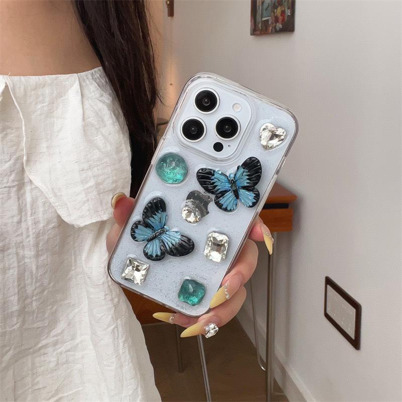 Gem Rhinestone Fine Glitter Mobile Phone Case For Apple 17 Butterfly Iphone16Promax Transparent 14 Anti-Drop 15