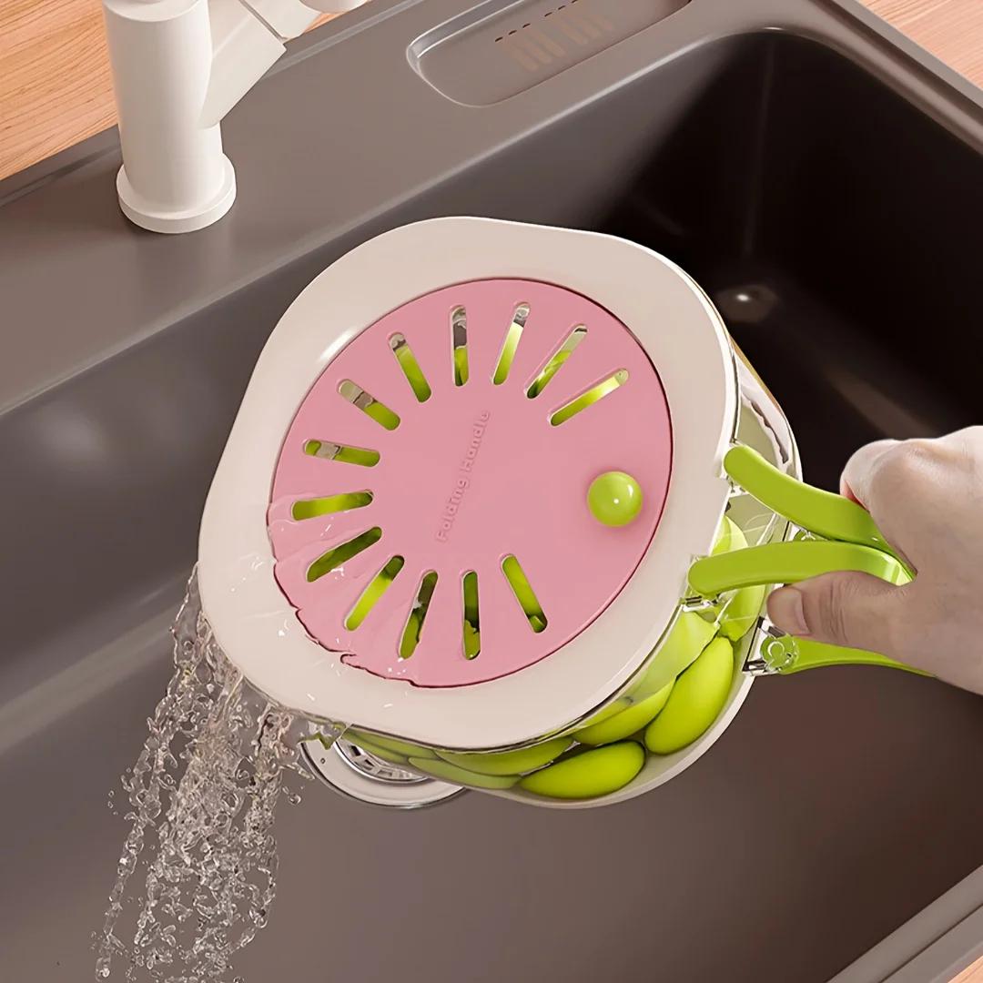 

2-Layer Fruit Washing Bowl with Strainer,Dehydrated Vegetable Basket with Lid,Portable Fruit Colander with Collapsible Handle