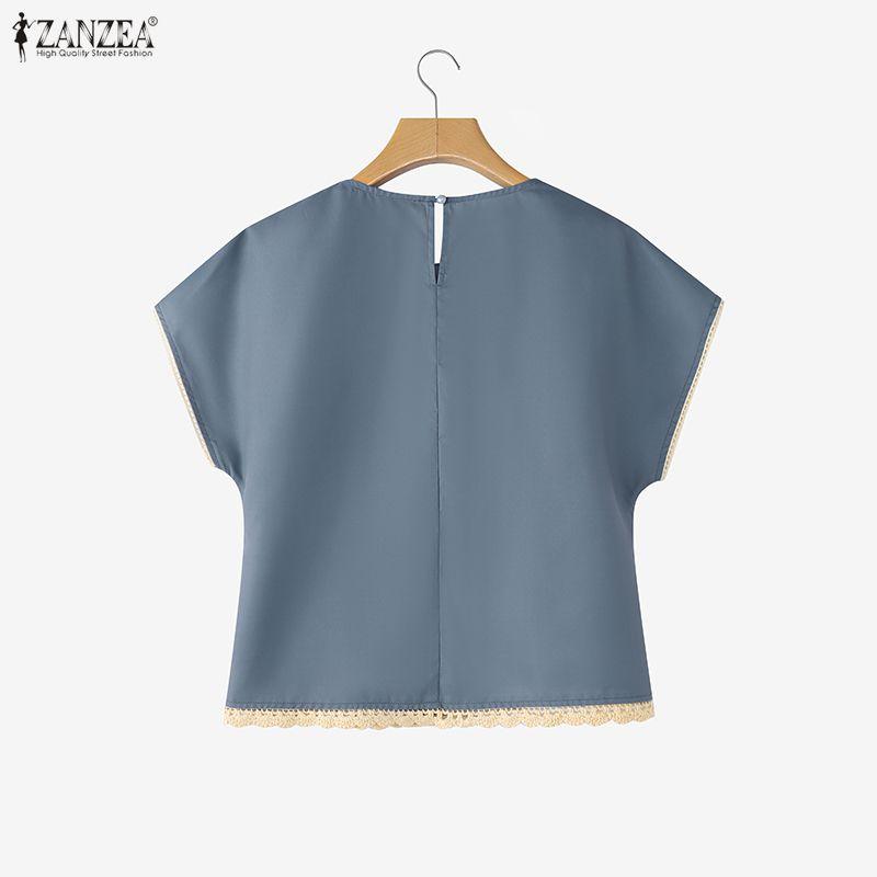 ZANZEA Blusa feminina casual de verão com decote redondo e manga curta floral