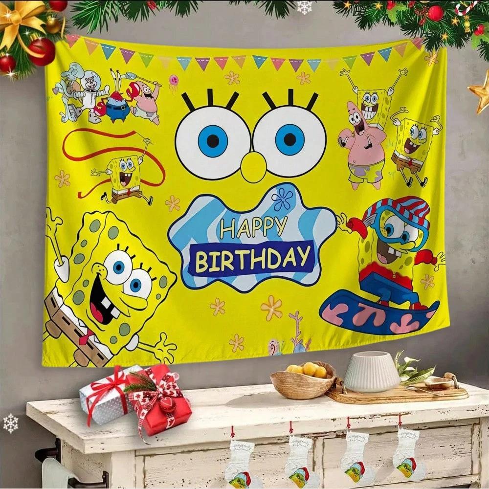 Spongebob Cartoon Design Printed Happy Birthday Party Tapestry Background Decoration Gifts Supplies Photography Backdrop Banner