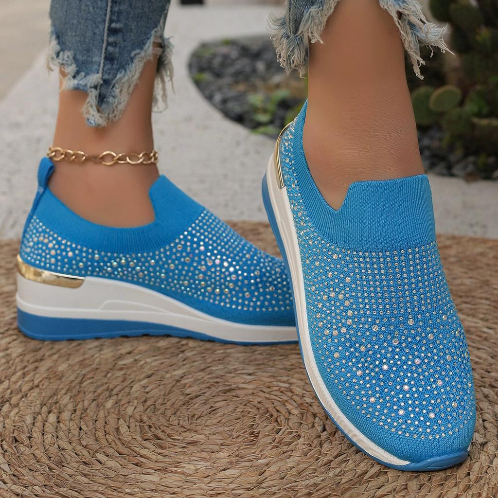 Women's Single Shoes Summer Thick Sole Knitted Full Drill Sports Shoes Casual Comfort Increase Nonslip Training Shoes