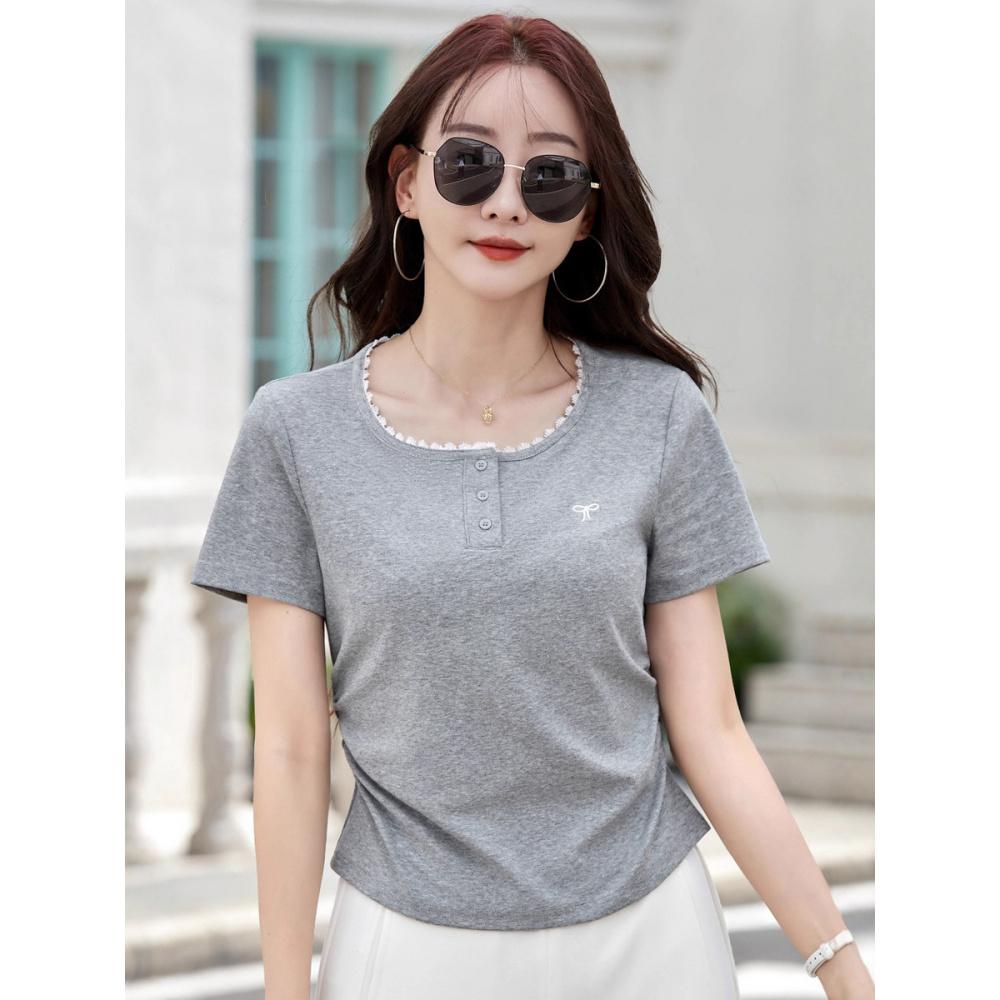 Gray Lace Trim Short Sleeve T-Shirt for Women Summer Ruched Waist Slimming Regular Shoulder Bow Embroidered Top