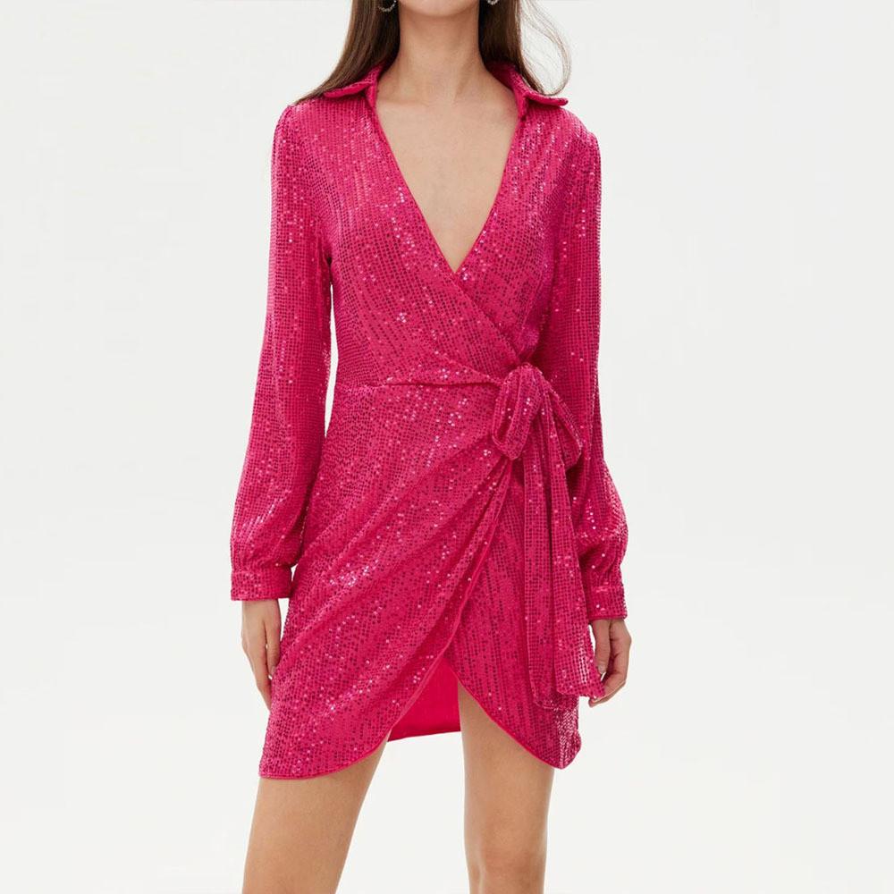 

Women Elegant Long Sleeves V Neck Sequins Bandage Mini Short Dress Bride Bridesmaids Wedding Party Gowns