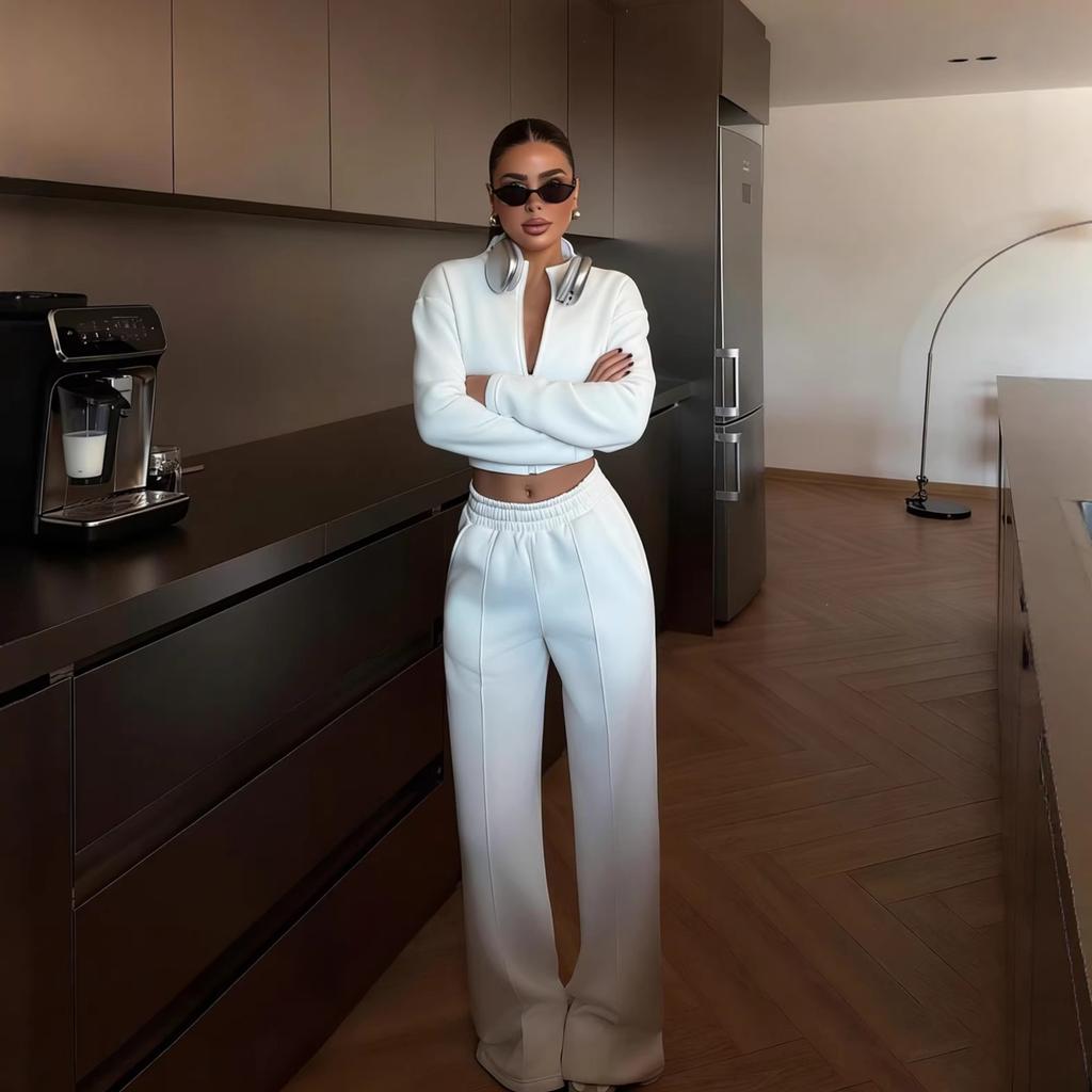 Cross-border European and American casual women's clothing fashion waist sexy zipper cardigan jacket lace-up trousers spring and autumn two-piece set