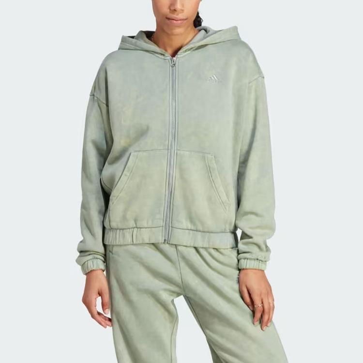 Adidas All Season Fleece Washed Full-Zip Hooded Track Top Women Tops Green IL3273