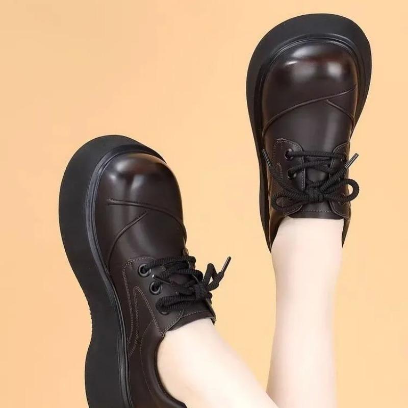 

Loafers Women s Spring Autumn New Leather Thick-soled Round Head Lace-up Leather Shoes Womens Versatile Muffin Middle Heel Pumps 35 коричневый